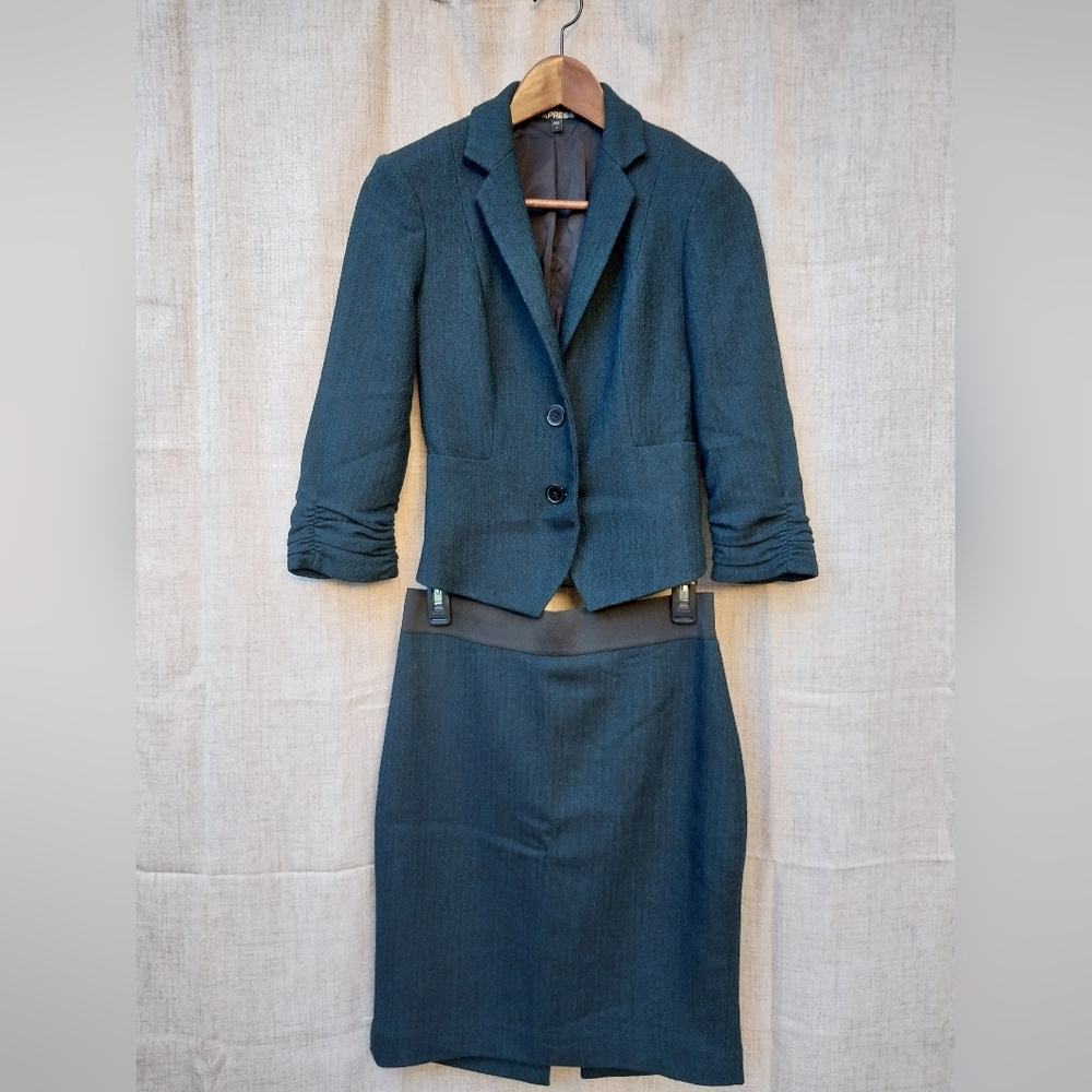 Express Brand Black And Green Tweed Suit Set